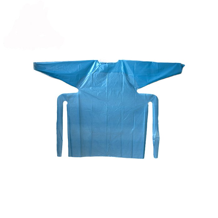 Grembiule per camice isolante CPE monouso in plastica impermeabile a manica lunga
